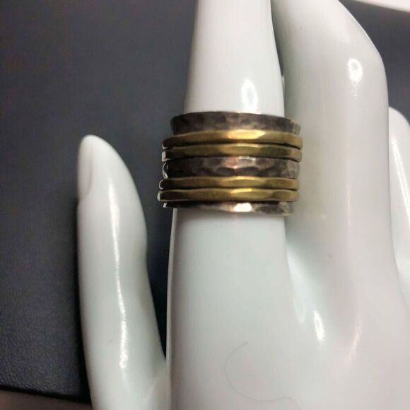 2606 Sterling silver 925 hammered two-tone band spinner ring size 8 8.8 grams - Picture 1 of 2